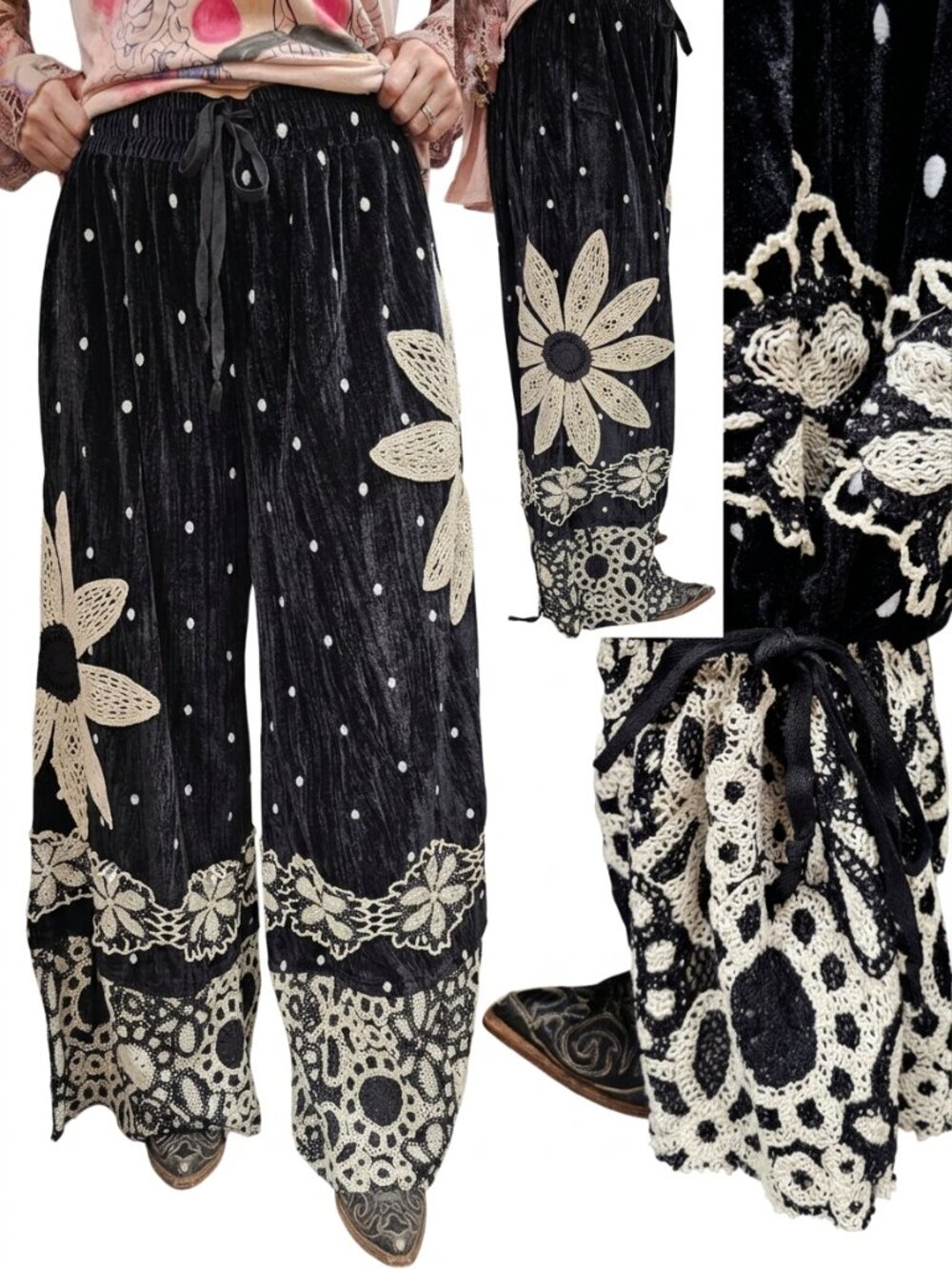 A RARE BIRD VELVET PANT/BLACK WITH FLOWER EMBROIDERY